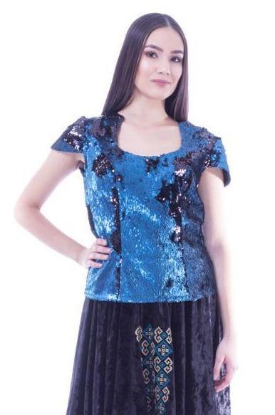 Bluza catifea albastra cu negru  Liza Panait Liza Panait Online Boutique